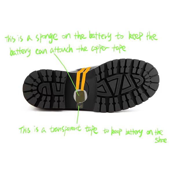 This is the design of the bottom of the shoe. There is a section of clear tape over the battery to keep the battery on the shoe but not on the circuit. And there is a piece of looking sponge on top of the battery. When you walk the sponge touches the ground then the battery touches the circuit and the light comes on.