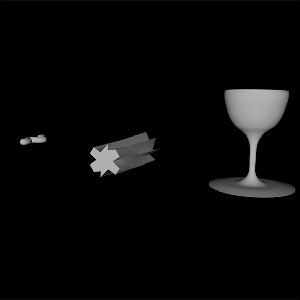 3d modeling rendering of a wine glass and a curved tube and an amalgam of two shapes on the diagonal side